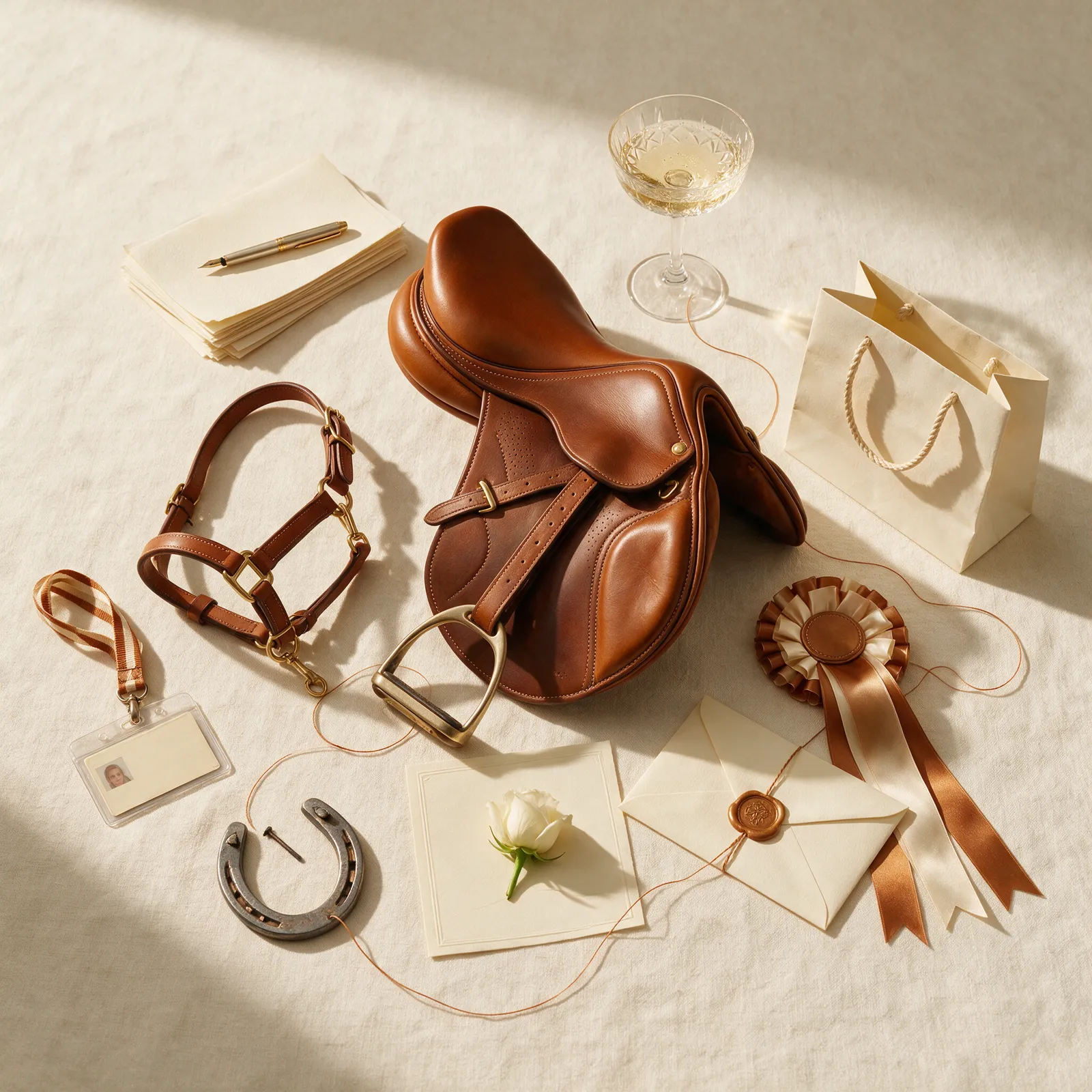 Still life: saddle, halter, badge, champagne coupe, prize rosette and sealed envelope, connected by a single stitching thread