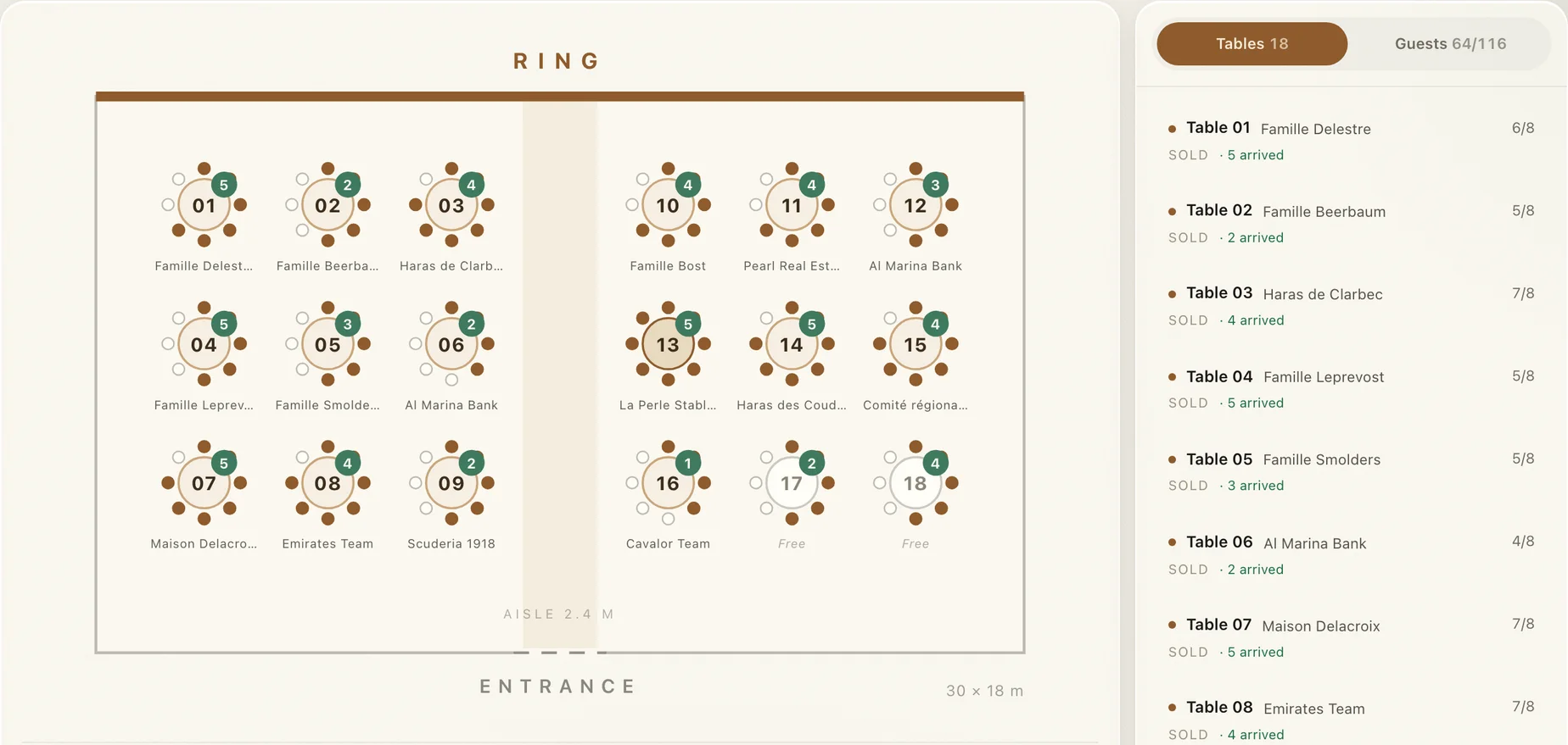 VIP pavilion floor plan to scale, round tables, ring side and entrance marked