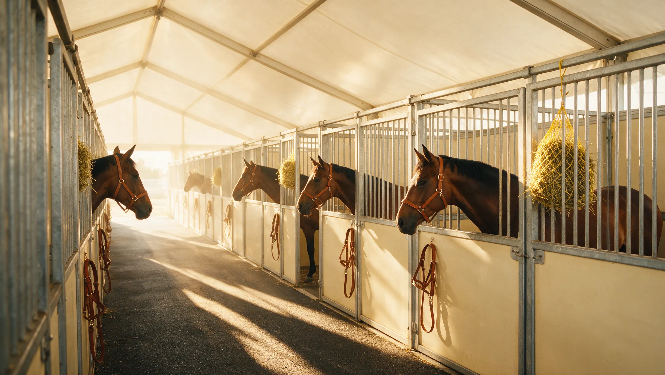 Stable aisle with Centauria record cards overlaid on each stall